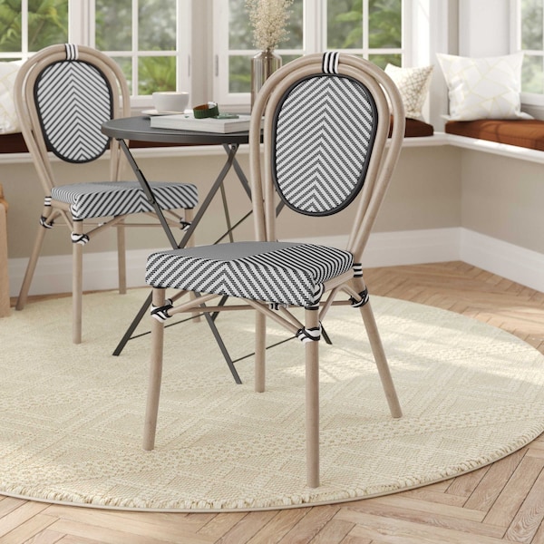 Flash Furniture Marseille Thonet French Bistro Stacking Chair, Black/White Textilene and Bamboo Print Alum Frame SDA-AD642002S-TXT-BLKWH-LTNAT-GG - main